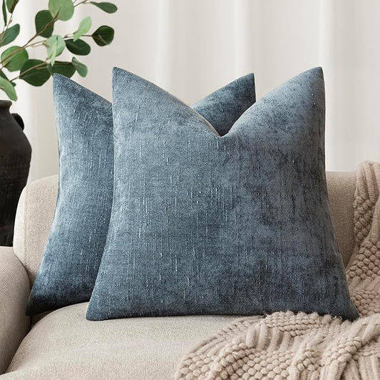 Foindtower Pack of 2 Soft Textured Chenille Throw Decorative Pillow Covers Square Accent Solid Cushion Cover Cozy Neutral Farmhouse Pillow Case for Couch Sofa Bedroom Living Room 20x20 Inch,Blue