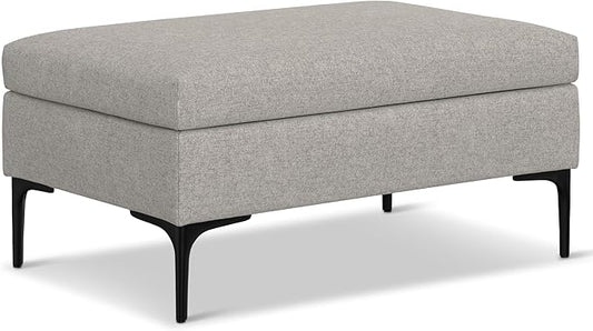 SIMPLIHOME Rebecca 36 inch Wide Mid Century Rectangular Coffee Table Storage Ottoman with Lift Up Lid in Cloud Grey Polyester linen Look, Assembled, For the Living Room, Entryway and Family Room