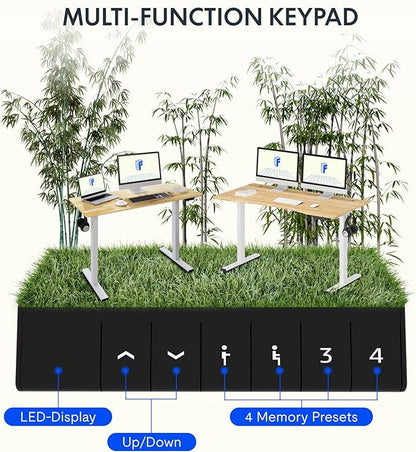 FLEXISPOT EN1 Bamboo Standing Desk, 60 x 30 Inches Whole-Piece Electric Adjustable Height Sit Stand Desk for Home Office (White Frame + Bamboo Curved Desktop, 2 Packages)