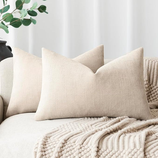 Foindtower Pack of 2 Soft Textured Throw Decorative Pillow Covers Lumbar Accent Solid Cushion Cover Cozy Neutral Farmhouse Pillow Case for Couch Sofa Bedroom Living Room 12x20 Inch, Light Beige