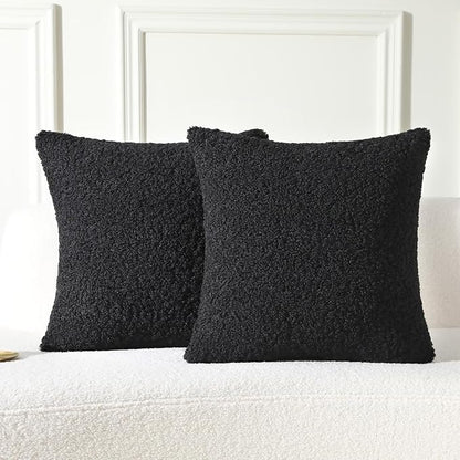 FUTEI Black Throw Pillow Covers 18x18 Inch Set of 2,Furry Faux Fur Teddy Boucle Textured Cushion Covers,Soft Fluffy Decorative Pillow Case,Home Decor for Couch Bed Living Room Office Car