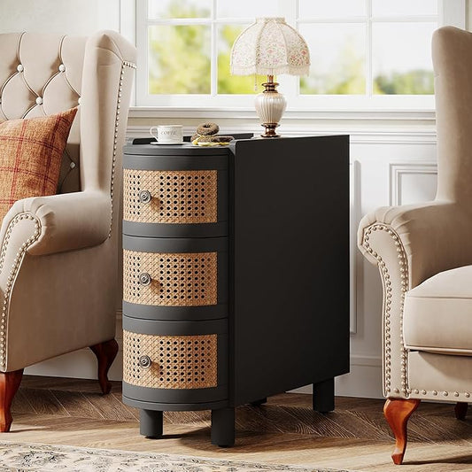 Tribesigns 3-Drawer Rattan End Table, Sofa Side Table with Vintage Embossed Handles, Slim Nightstand for Living Room, Bedroom, Finished Back, No Assembly (Black & Oak, 1 PC)