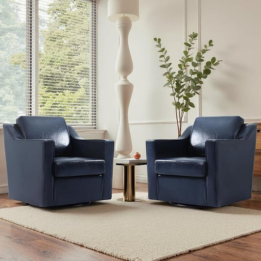 UIXE Faux Leather Swivel Accent Chair Set of 2, Upholstered Arm Chair for Living Room, Modern Club Armchair Comfy Single Sofa Bedroom Reading Seat with Lumbar Pillow - Navy Blue