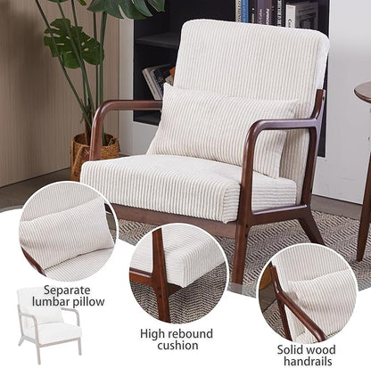 Accent Chairs, Mid-Century Modern Chair with Pillow, Armchair with Solid Wood, Reading Relaxing Leisure Chair for Living Room（Beige/Walnut）