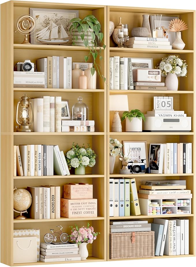 FOTOSOK 70.8" Tall Bookcase Shelf, 6 Tier Wide Bookshelf with Storage, Billy Bookcase Set of 2, Large Bookshelf for Living Room, Home Office, Natural