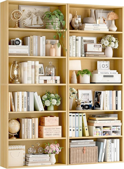 FOTOSOK 70.8" Tall Bookcase Shelf, 6 Tier Wide Bookshelf with Storage, Billy Bookcase Set of 2, Large Bookshelf for Living Room, Home Office, Natural