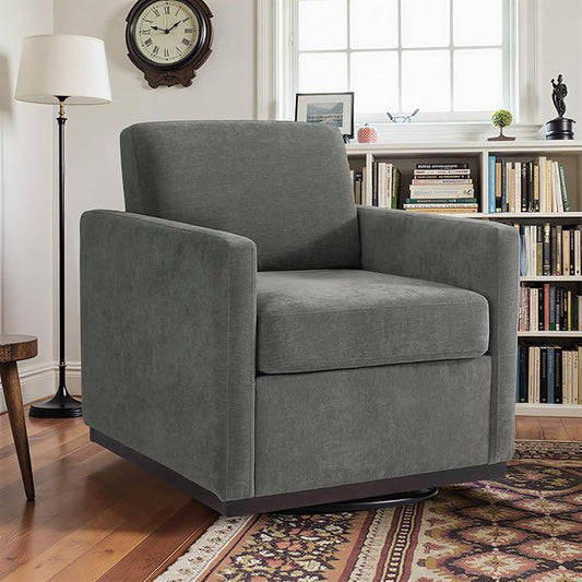 Pia Ricco Single Swivel Barrel Chair, Mid-Century Modern Accent Armchair with Plush Chenille Upholstery for Living Room & Cozy Reading Nook, Dark Gray