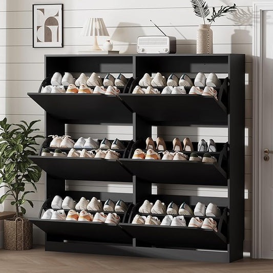 Shoe Storage Cabinet for Entryway with 6 Flip Drawers, Sturdy Wood Hidden Shoe Storage, Freestanding Narrow Slim Shoe Organizer for Front Door Entrance, Living Room, Hallway, Bedroom, Black