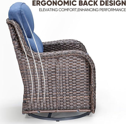 Swivel Patio Chairs sofa Set of 6 with 6" Thick Cushion - Wicker Outdoor Swivel Rocker Patio Chair ,Sofa/Glass coffee table, High Back Comfortable Outdoor Glider Chairs - Brown Wicker - Blue Cushions