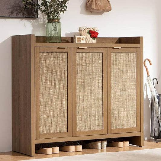 SICOTAS Shoe Storage Cabinet, 30 Pairs Rattan Shoe Cabinet Storage for Entryway, 6-Tier 41" Tall Large Shoe Cabinet, Boho Farmhouse Cabinet with Doors for Entryway Hallway Living Room Closet