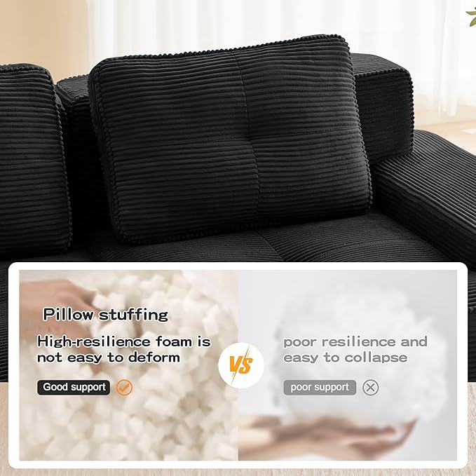 115.3” Black Boneless Couches for Living Room, Modular Sectional Sofa with L-Shape Chaise, 3 Seater Comfy Upholstered Deep Seat Corduroy Fabric Cloud Couch No Assembly, Anti-Slip Design