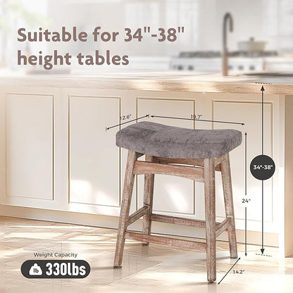ALPHA HOME Bar Stools Set of 4, Solid Wood Saddle Kitchen Stools with Grey Linen Fabric Cushion Counter Height Barstools, 24 Inch, Grey, 4PCS