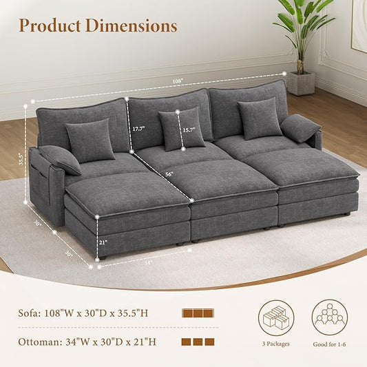 Vesgantti 108" Sectional Sleeper Sofa, 6-Seater Oversized Modular Cloud Couch with Movable Ottoman, Chenille Large Sofa Bed Convertible Deep Seat Couches for Living Room, Bedroom and Apartment, Gray