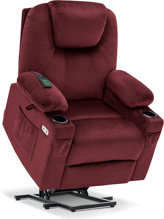 MCombo Power Lift Recliner Chair for Elderly, Lift Chair with Heat and Massage, USB&Type C Ports, Extended Footrest, Cup Holders, Fabric 7040 (Medium, Carmine Red)