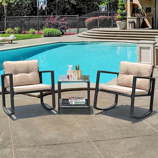 COSTWAY 3 Pieces Patio Rattan Rocking Chair Set, Outdoor Conversation Furniture Sets with Coffee Table, Storage Shelf and Cushions, Modern Bistro Set for Porch, Backyard, Garden, Beige