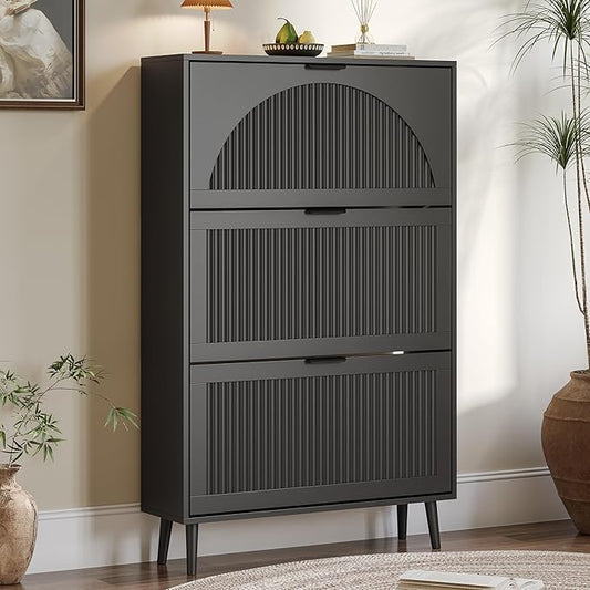 Shoe Cabinet for Entryway with 3 Flip Drawers, Slim Wooden Shoe Storage Organizer with Modern Fluted Pannel，Freestanding Narrow Hidden Shoe Rack for Hallway, Foyer, Living Room