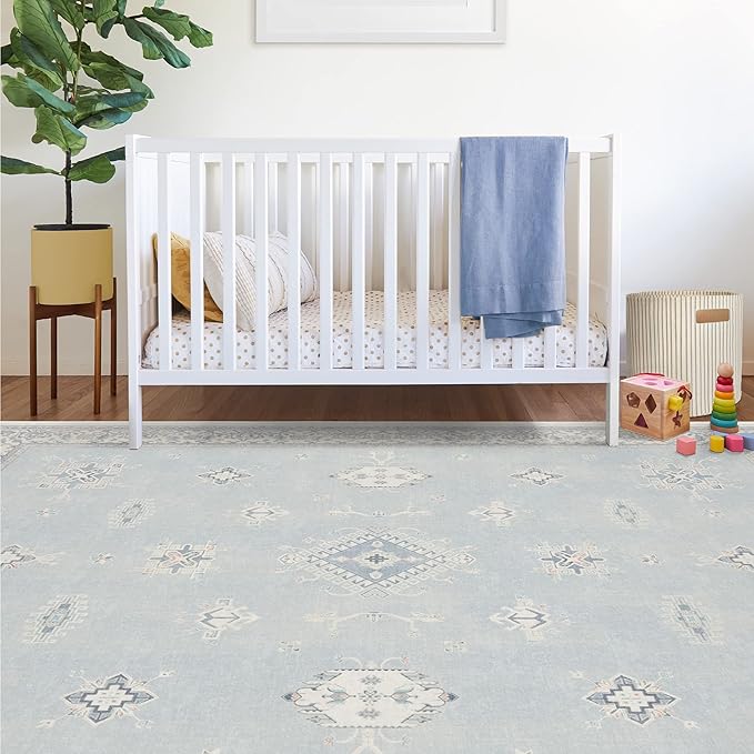 RUGGABLE Washable Vintage Area Rug – Verena Soft Blue 8x10, Stain-Resistant, Non-Slip – Large Machine Washable Rugs for Living Room, Bedroom, Hallway, Entryway & Office–with Standard Pad