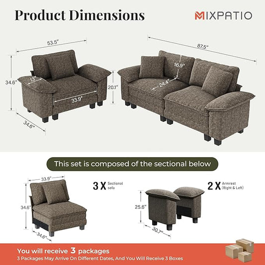L-Shaped Cloud Modular Sofa Set, Deep Seat 2-Piece 3-Seater Sectional Couch & Removable Arms, Plush Chenille for Living Room - Smoky Gray
