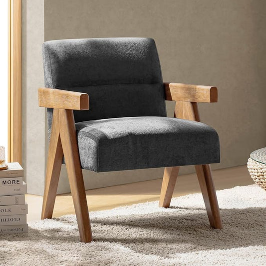 HULALA HOME Modern Accent Chair, Upholstered Arm Chair with Solid Wood Frame, Comfortable Padded Seat and Back, for Living Room, Bedroom, Charcoal