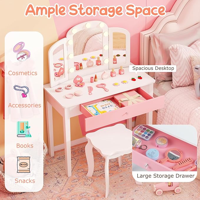 Costzon Kids Vanity, Girls Vanity Set with Mirror and Stool and Lights, Storage Drawer, Princess Toddler Makeup Vanity Desk Dressing Table, Wooden Kids Vanity Table and Chair Set (White)