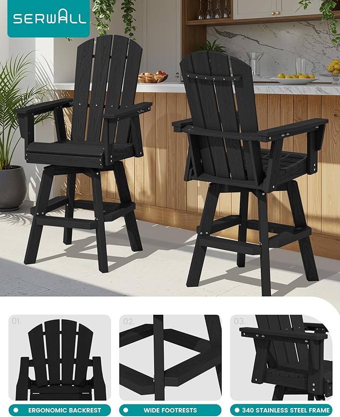 SERWALL Swivel Adirondack Bar Chair, HDPE Swivel Balcony Adirondack Chair, Outdoor Bar Height Barstoolsfor Bistro, Poolside, Garden, Black