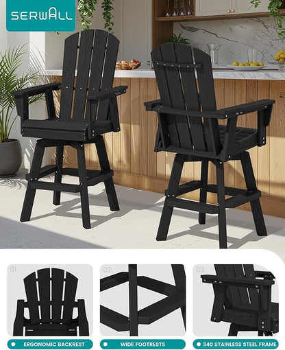 SERWALL Swivel Adirondack Bar Chair, HDPE Swivel Balcony Adirondack Chair, Outdoor Bar Height Barstoolsfor Bistro, Poolside, Garden, Black