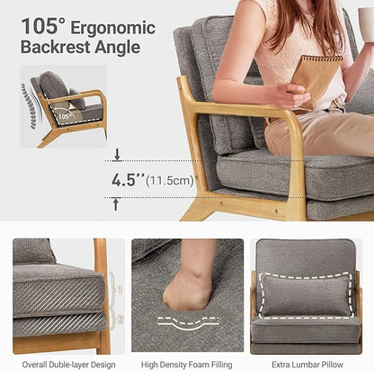Modern Accent Chair with Lumbar Pillow, Relaxing Mid Century Chair Armchair with Solid Wood Frame & Soft Cushion, Reading Leisure Armchair for Living Room, Grey
