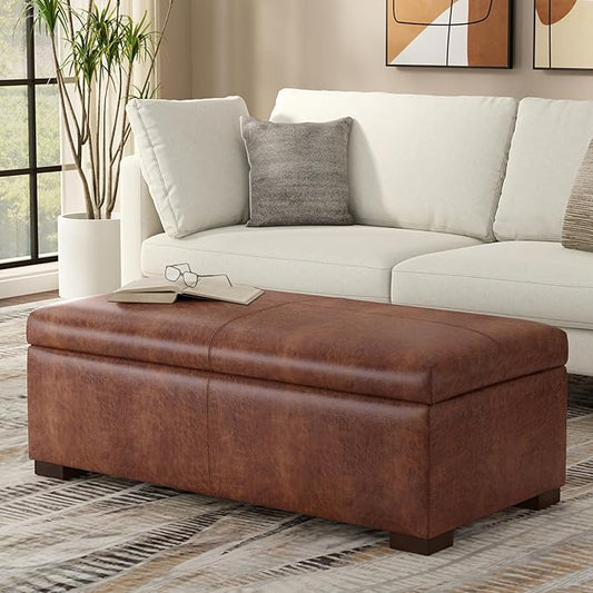 SIMPLIHOME Gabbie 48 inch Wide Contemporary Rectangle Rectangular Storage Ottoman in Distressed Saddle Brown Vegan Faux Leather, Assembled, for The Living Room, Entryway and Family Room