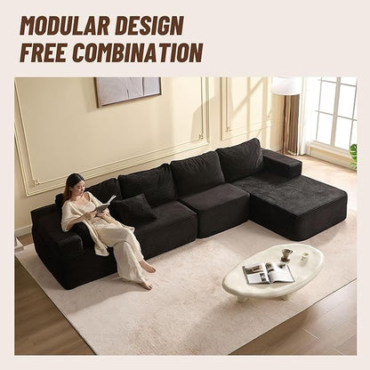 138" Boneless Couch with Deep Seat, Modular Sectional Sofa, Cloud Sectional Couch for Living Room, No Assembly Required, Corduroy, 4 Seater L-Shape Right, Black