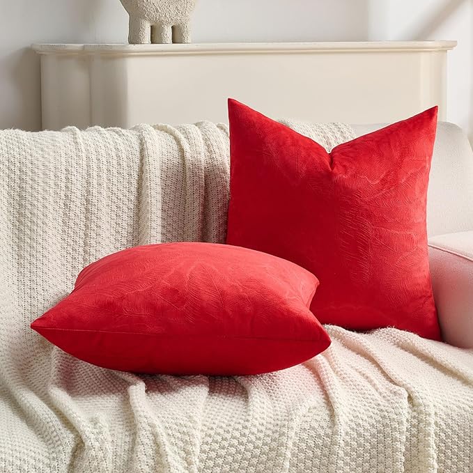 FUTEI Christmas Red Velvet Throw Pillow Covers 26x26 Inch Set of 2,Soft Embossed Leaf-Relief Textured Euro Pillow Shams,Natural Home Decor for Couch Living Room