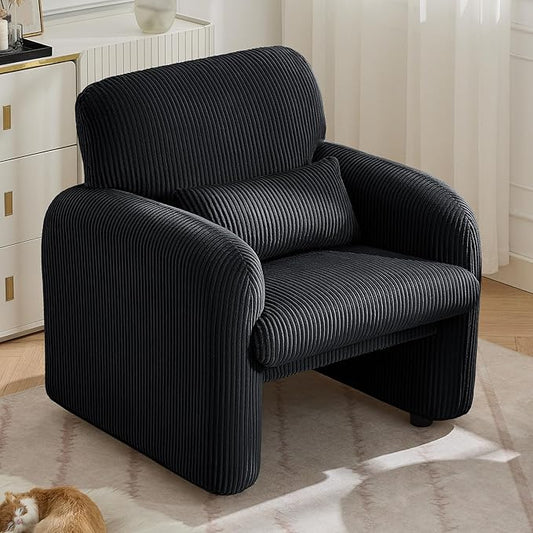Corduroy Fabric Accent Chair, Modern Upholstered Living Room Chairs with Lumbar Pillow, Wide Comfy Leisure Armchair for Bedroom, Office, Reading, Black