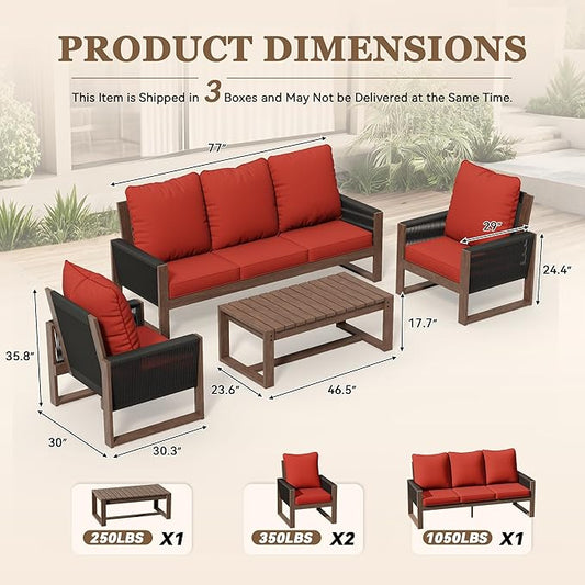 4 Piece Patio Furniture Set, Wooden Outdoor Furniture Conversation Set with Coffee Table, Modern PE Wicker Patio Chairs Conversation Sets with Sofa for Garden, Terrace, Porch, Balconies, Lawns