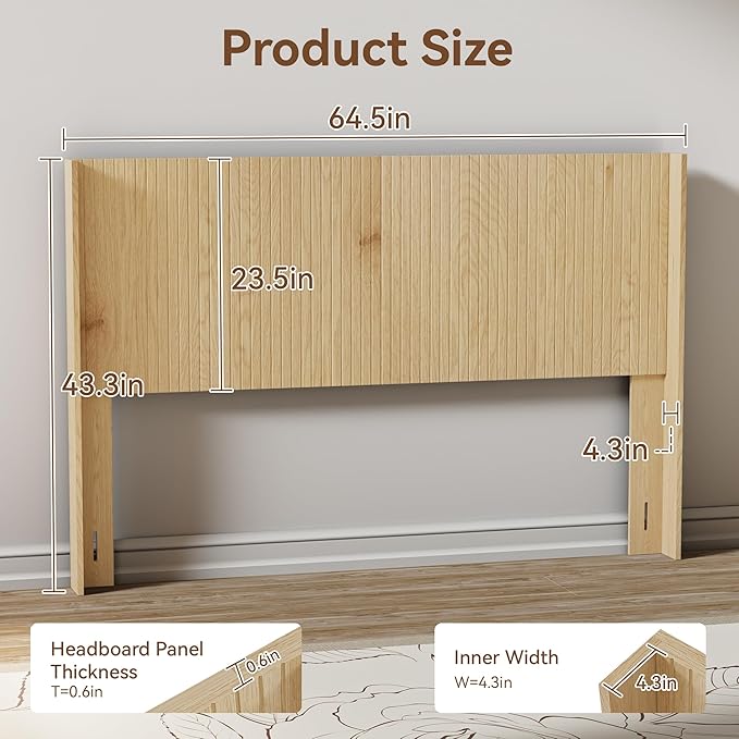 Wood Headboard, 64.5" Wide Headboard for Queen Size Bed, Wall Mounted Fluted Panel, Wingback Modern Headboards,(Oak,Queen)
