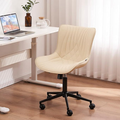 YOUNIKE Office Chair, Armless Desk Chair with Wheels, Adjustable Swivel Home Office Computer Task Chairs, Modern Faux Leather Padded Vanity Chair with Back, Beige