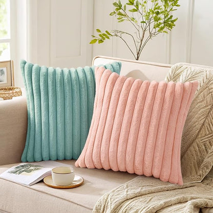 Pallene Faux Fur Plush Throw Pillow Covers 22x22 Set of 2, Luxury Soft Fluffy Striped Decorative Pillow Covers for Sofa, Couch, Living Room, Pink