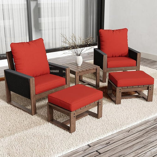 5 Piece Patio Bistro Chair Set with Ottoman, Wooden Outdoor Patio Furniture Set, Patio Wicker Chairs with Coffee Tables for Balcony Deck Backyard