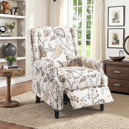 Recliner Chair, Upholstered Wingback Floral Pushback Armchair with Adjustable Backrest & Footrest, Comfy Accent Chair for Small Spaces, Living Room, Bedroom-Plants Beige, Set of 1
