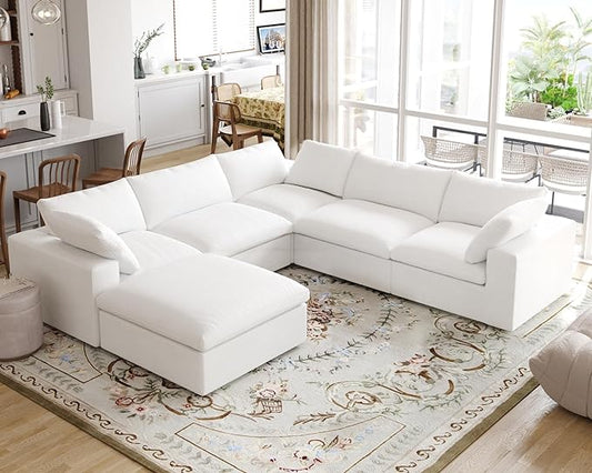 Cloud Modular Sectional Sofa for Livingroom,Large Down Filled Comfort Corner Sectional Sofa Couch with Ottoman,Wide Deep Seat Convertible Couches for Office Apartment,V Shaped,White