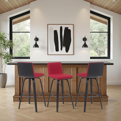 Vienna Modern Swivel Bar Height Stool with Red Upholstered Seat and Brushed Wood Frame Set of 3