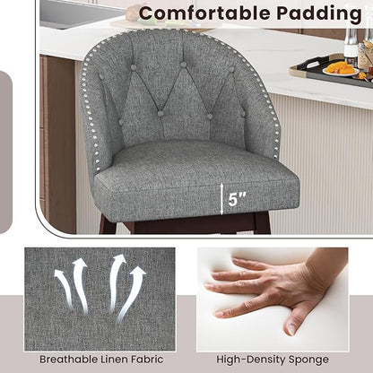 COSTWAY Bar Stools Set of 4, 31’’ Swivel Bar Stools with Rubber Wood Legs & Padded Back, Breathable Linen Fabric, Stylish Tufted Design & Rivet Decoration, Adjustable Foot Pads (4, Grey + Brown)