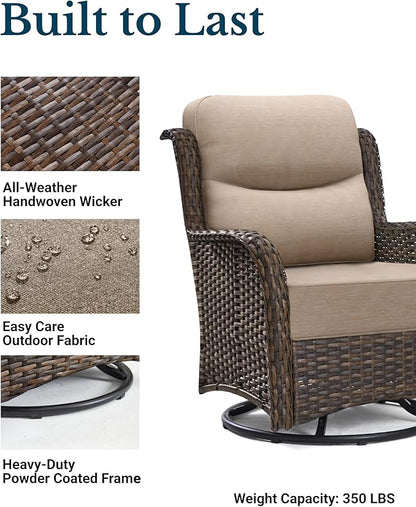 HILLGA Luxury Patio Furniture Set with 6-inch Thick Cushion, Outdoor High Back Swivel Rocker Patio Chairs, 3PCS Wicker Conversation Set for Deck Yard and Poolside, Beige (V2)