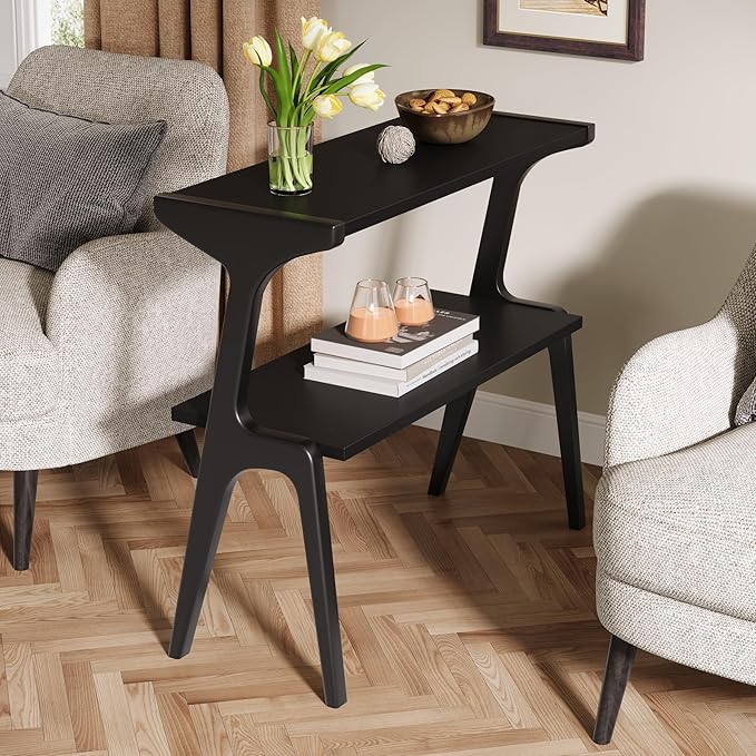 Tribesigns 2-Tier Wood End Table, Modern Narrow Sofa Side Table with Storage, Slim Wooden Bedside Table with Unique Legs for Bedroom, Living Room, Small Spaces, Easy Assembly, Black