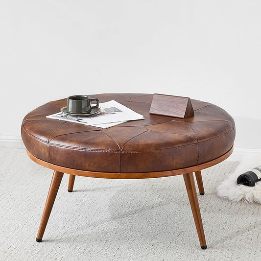 Round Ottoman Coffee Table, Large Faux Leather Cushioned Footstool Ottoman,Stationary Ottomans, Backless Chair, Footrest for Living Room, Bedroom, Padded Seat, Brown