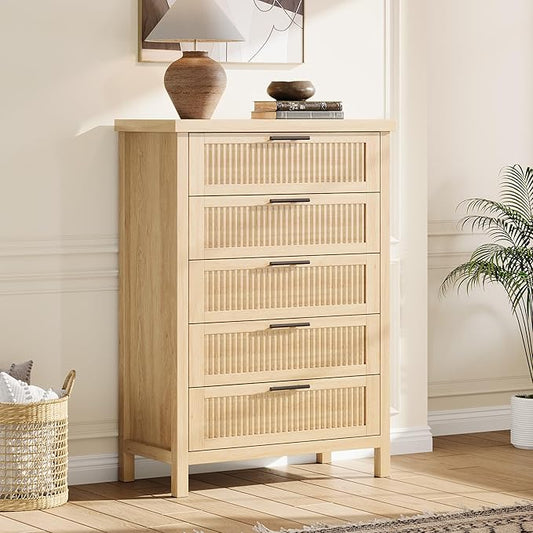 GarveeHome Fluted 5 Drawer Tall Dresser for Bedroom, 42.9 in Chest of Drawers, Wooden Dresser Chest with Clothes Storage Cabinet, Drawer Organizer, TV Stand for Bedroom, Living Room, Hallway, Natural