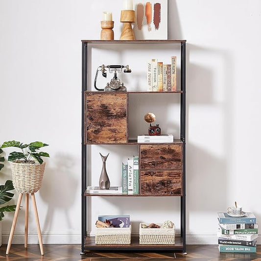 VECELO 5-Tier Bookshelf with 2 Storage Drawers & 1 Cabinet,Industrial Display Standing Shelf, Metal Frame Wood Storage Shelf,Open Bookcases for Living Room, Bedroom, Home,Office