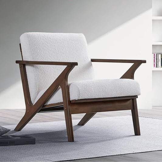 Zola Mid Century Modern Accent Chair Arm Chair: The Perfect Reading, Living Room, and Bedroom Chairs for Modern Home Furniture Use! Solid Wood Frame, White Boucle/Walnut