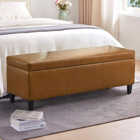 HUIMO Faux Leather Storage Ottoman Bench 50.3 Inch Extra Long PU Upholstered Bedroom Bench with Large Storage Space for The Living Room, Entryway, Bedroom Hold Up to 300lbs (Light Brown)