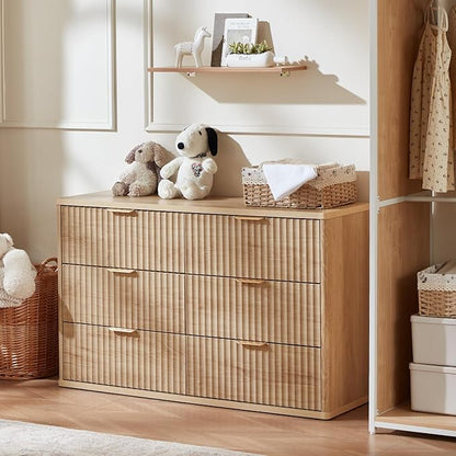 LEYAOYAO Fluted 6 Drawers Dresser Set of 2, 48" Wide Modern Chest of Drawers with Metal Handle, Natural Curved Profile Dresser TV Stand, Wooden Drawer Organizer for Bedroom, Living Room, Hallway