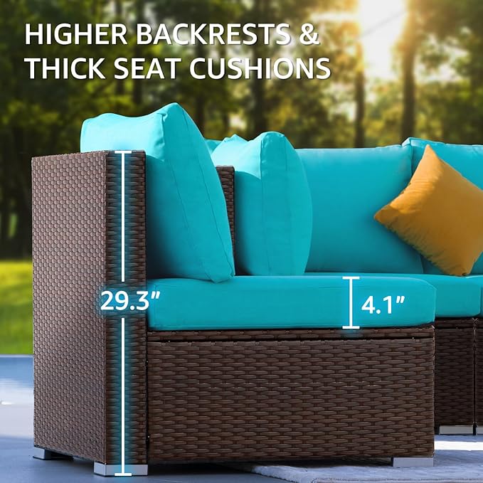 NICESOUL10 Piece Outdoor Couch Furniture Set with Fire Pit Natural Gas/Propane, 29.3'' High Back Luxury Comfortable Conversations, Deep Wide Seating Sofa Sectional, Brown and Turquoise
