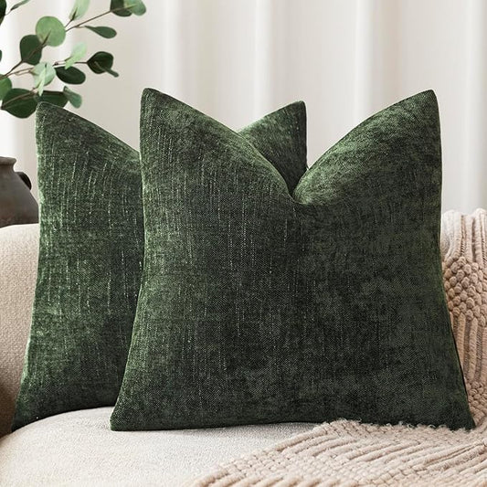 Foindtower Pack of 2 Soft Textured Chenille Throw Decorative Pillow Covers Square Accent Solid Cushion Cover Neutral Farmhouse Pillow Case for Couch Sofa Bedroom Living Room 16x16 Inch,Dark Green
